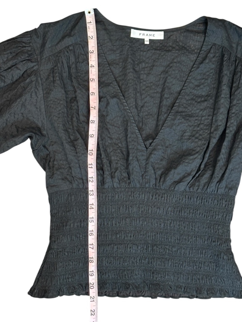 FRAME Smocked V-Neck Crinkled Cotton Blouson Sleeve Top Black Women Medium $348 - Picture 8 of 9
